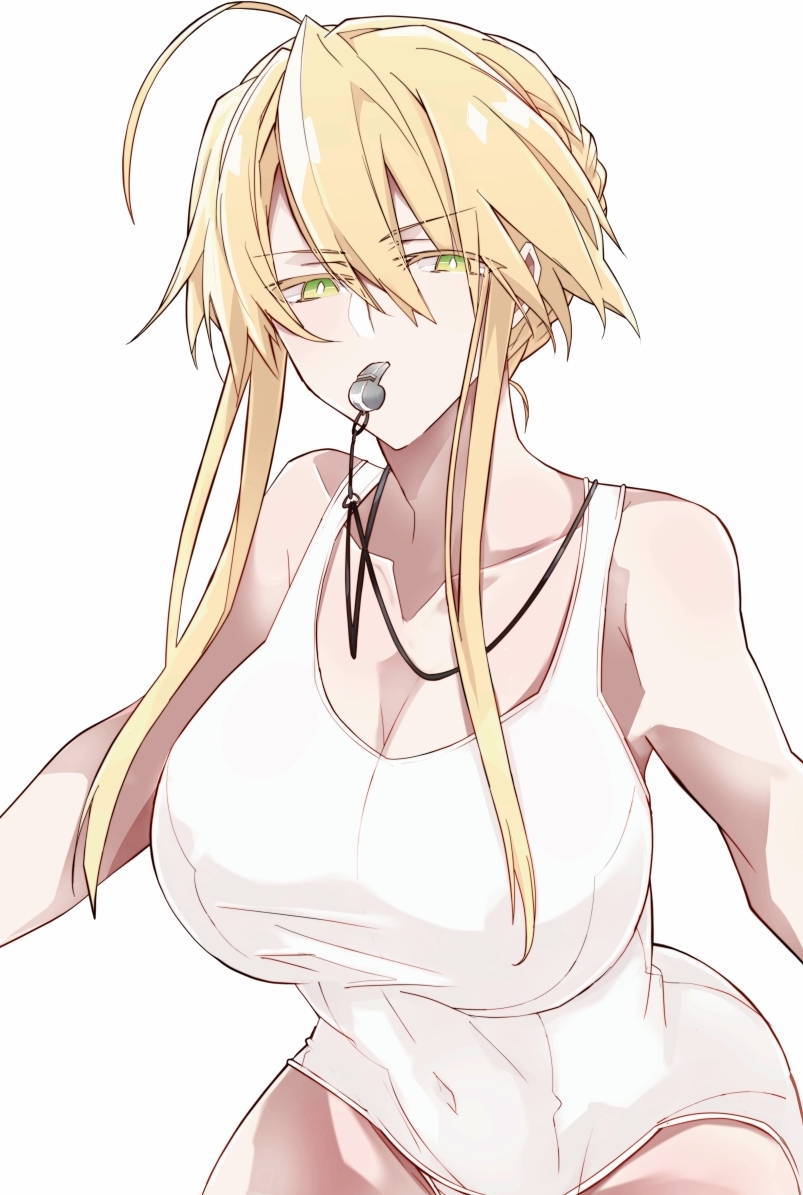 1girl ahoge artoria_pendragon_(all) artoria_pendragon_(lancer) bangs blonde_hair braid breasts cleavage covered_navel fate/grand_order fate_(series) green_eyes hair_between_eyes large_breasts long_hair nogi_(acclima) one-piece_swimsuit sidelocks solo swimsuit tied_hair whistle white_swimsuit