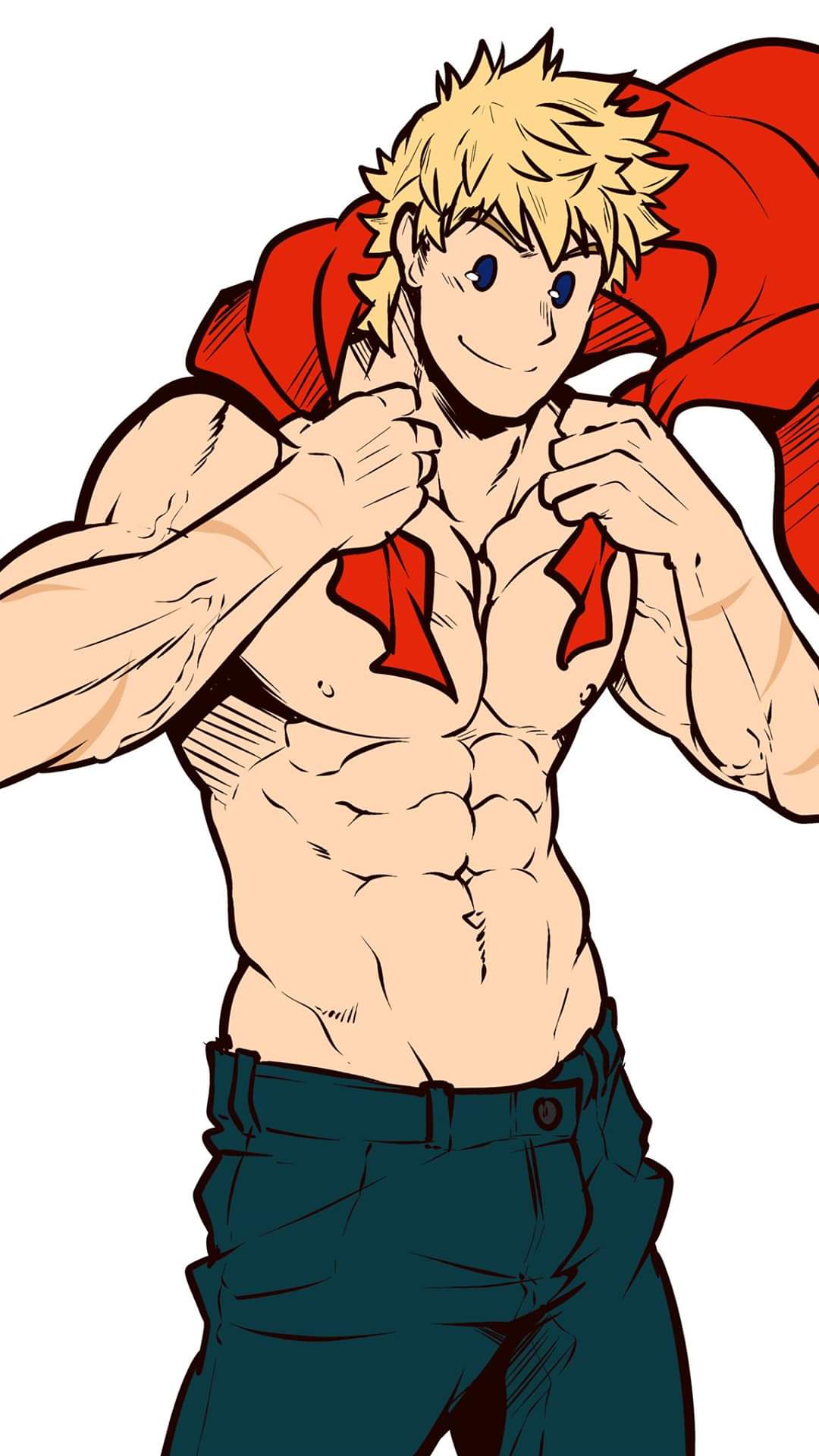 1boy abs alternate_hairstyle bara blonde_hair blue_eyes boku_no_hero_academia cape chest highres kuroshinki male_focus muscle navel nipples pectorals scar shirtless short_hair sketch smile solo toogata_mirio upper_body veins white_background