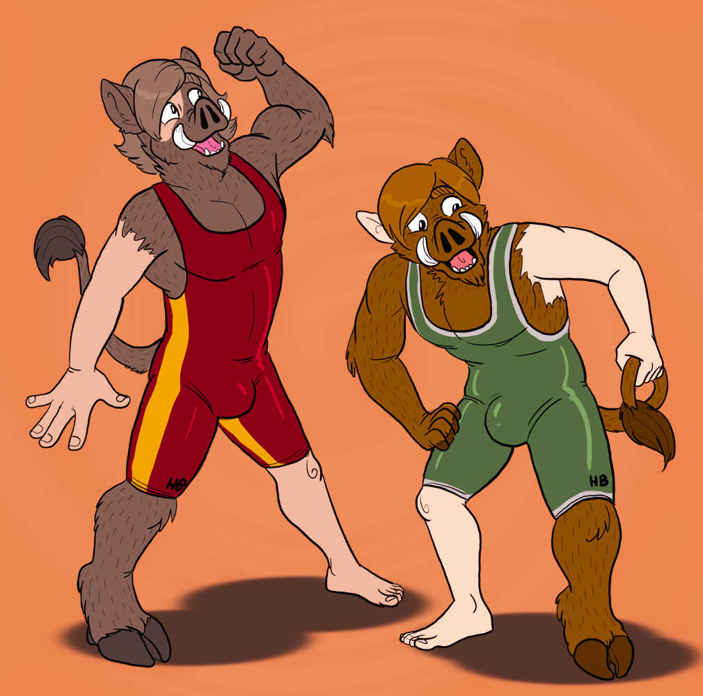 anthro barefoot bulge clothing color_edit colored duo edit fur hooves hornbuckle male mammal mid_transformation open_mouth simple_background spandex suid suina sus_(pig) tail_tuft tight_clothing transformation tuft tusks unknown_colorist wild_boar wrestling_singlet