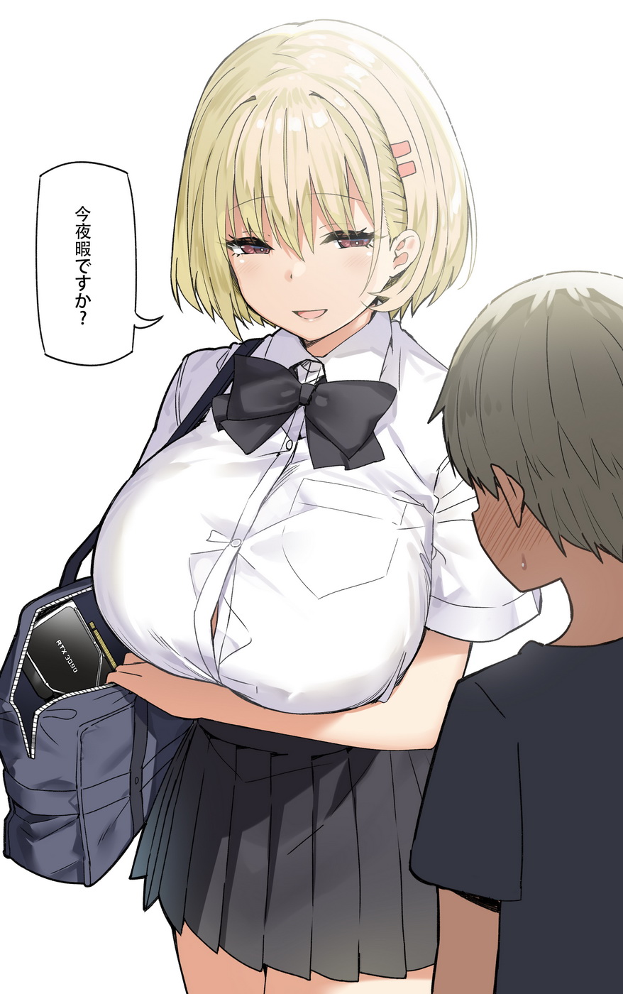 1boy 1girl bag bangs black_neckwear blonde_hair blush breasts buttons commentary_request full-face_blush hair_ornament hairclip hairclip_onee-san_(sky_(freedom)) highres huge_breasts nvidia open_mouth original school_bag shirt short_hair skirt sky_(freedom) sweatdrop translation_request video_card white_shirt