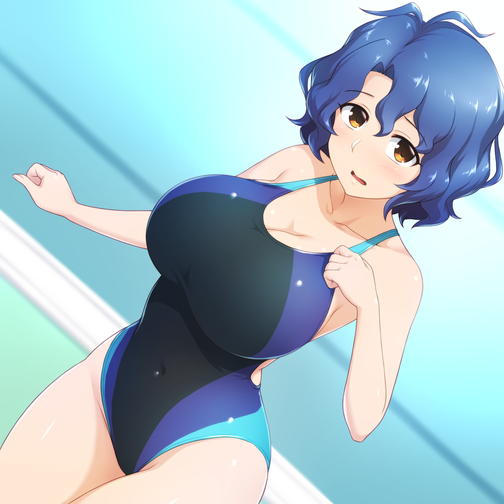 1girl antenna_hair blue_hair blurry breasts brown_eyes cleavage collarbone commentary_request competition_swimsuit cowboy_shot depth_of_field dutch_angle from_above idolmaster idolmaster_million_live! large_breasts looking_at_viewer one-piece_swimsuit pataniito short_hair solo swimsuit toyokawa_fuuka wavy_hair