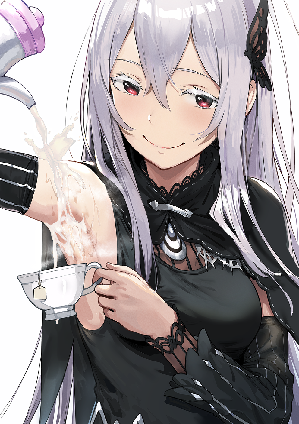 1girl armpits bangs bare_shoulders black_capelet black_dress blush breasts butterfly_hair_ornament capelet closed_mouth cum cum_on_body cum_on_upper_body cup dress echidna_(re:zero) hair_ornament hews_hack highres large_breasts long_hair looking_at_viewer ovarydestroyer pouring pouring_onto_self re:zero_kara_hajimeru_isekai_seikatsu red_eyes sexually_suggestive silver_hair simple_background smile solo striped suggestive_fluid tea teacup teapot third-party_edit vertical_stripes