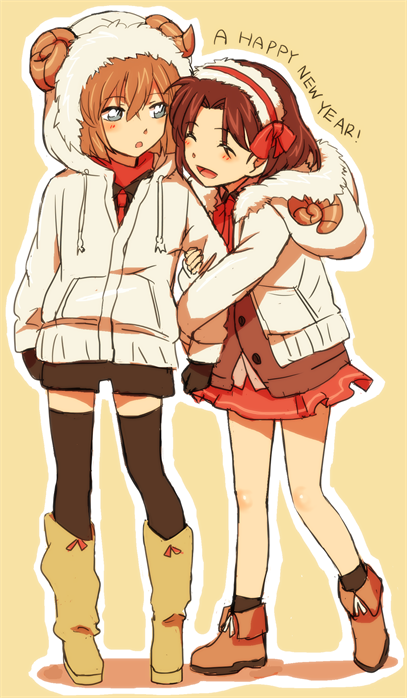 2girls :d :o ankle_boots arm_holding arm_hug bangs black_gloves black_shorts blue_eyes blush bob_cut boots brown_hair chinese_zodiac closed_eyes curled_horns drawstring fake_horns full_body fur-trimmed_hood fur_trim gloves haibara_ai hair_ribbon hairband hand_on_another's_arm happy_new_year hood hood_down hooded_jacket horns jacket long_sleeves looking_at_another meitantei_conan mido_(byebyebye03) miniskirt multiple_girls neck_ribbon new_year open_clothes open_jacket open_mouth outline parted_bangs red_ribbon red_skirt ribbon short_hair shorts simple_background skirt smile socks standing thighhighs turtleneck white_jacket white_outline year_of_the_goat yellow_background yellow_footwear yoshida_ayumi