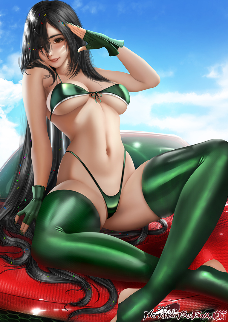 1girl bikini black_hair blue_sky breasts brown_eyes car commentary day fingerless_gloves gloves green_bikini green_gloves green_legwear green_nails ground_vehicle hair_over_one_eye highleg highleg_bikini large_breasts long_hair looking_at_viewer motor_vehicle nail_polish navel nefrubi older on_vehicle patreon_username photoshop_(medium) ponytail revision sitting sitting_on_object sky solo stirrup_legwear swimsuit thighhighs toeless_legwear vanellope_von_schweetz watermark web_address wreck-it_ralph