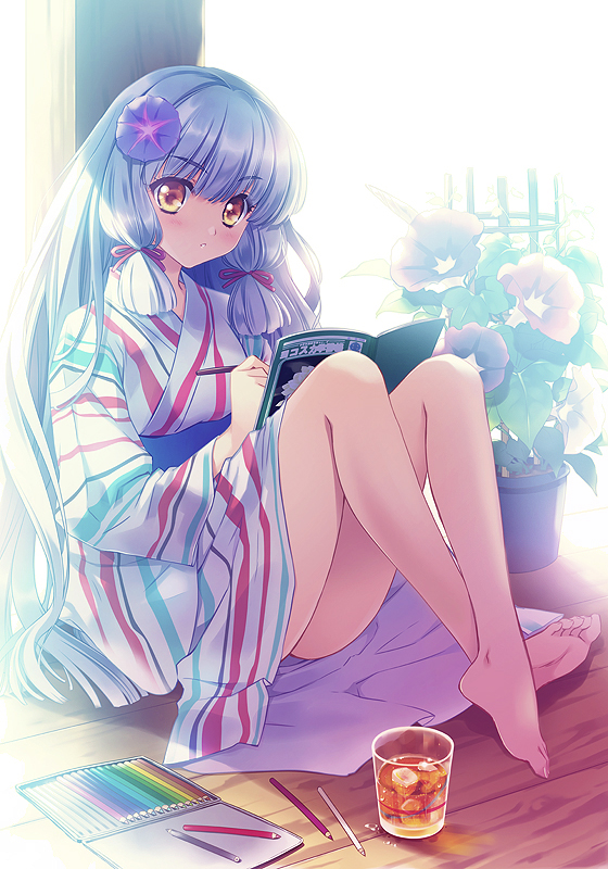 1girl alternate_costume bare_legs barefoot blush book carnelian colored_pencil commentary_request cup drawing drinking_glass eyebrows_visible_through_hair feet flower flower_pot full_body hair_flower hair_ornament hair_ribbon ice ice_cube japanese_clothes kantai_collection kimono long_hair looking_at_viewer murakumo_(kantai_collection) parted_lips pencil ribbon silver_hair sitting sketchbook solo tress_ribbon wooden_pencil