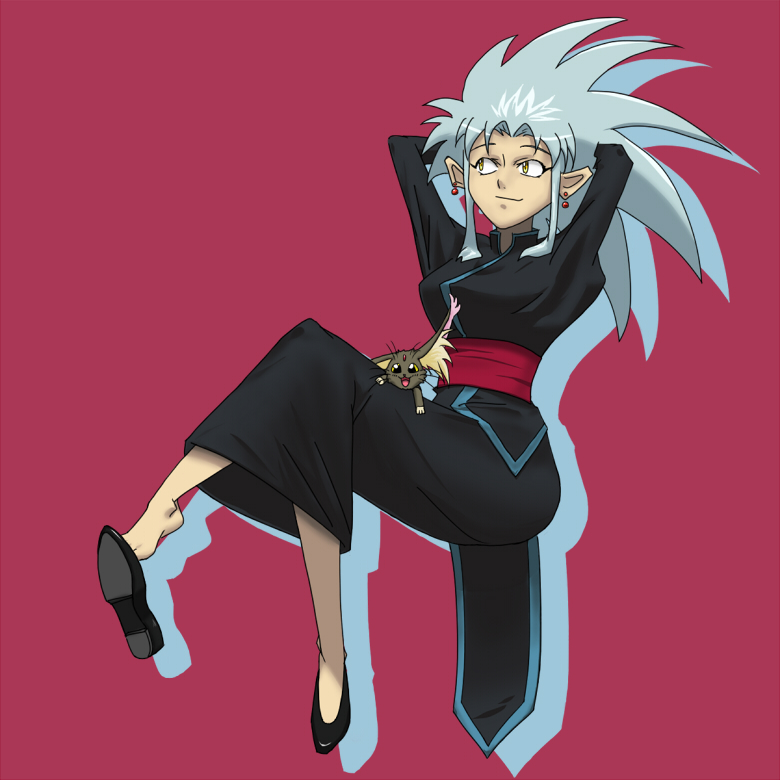 1girl black_dress cabbit crossed_legs dress earrings full_body jewelry light_blue_hair long_dress looking_to_the_side oldschool painttool_sai_(medium) pairu red_background ryou-ouki ryouko_(tenchi_muyou!) shin_tenchi_muyou! shoes simple_background spiked_hair tenchi_muyou!