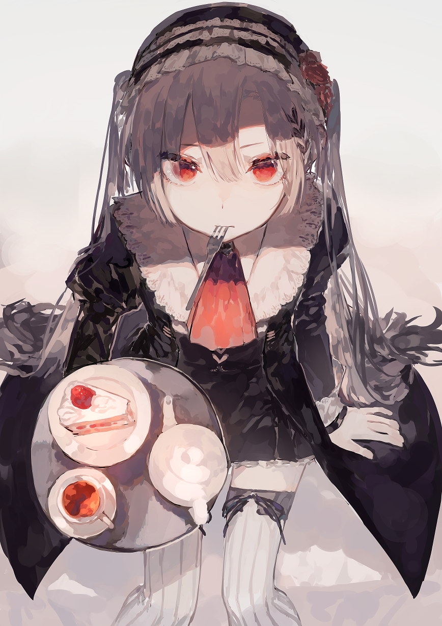 1girl arm_support bangle bangs black_dress black_headwear bonnet bracelet cake cake_slice cloak commentary cravat cup dress eyes_visible_through_hair flower food fork_in_mouth from_above fruit gothic_lolita grey_hair hat hat_flower highres holding holding_tray jewelry juliet_sleeves kettle lace lace-trimmed_dress lace-trimmed_headwear lace-trimmed_sleeves lolita_fashion long_hair long_sleeves looking_at_viewer mouth_hold null1040 original pale_skin parted_bangs petite petticoat plate puffy_sleeves red_eyes red_neckwear shadow sidelocks solo strawberry strawberry_shortcake striped striped_legwear tea teacup thighhighs tray twintails very_long_hair zettai_ryouiki