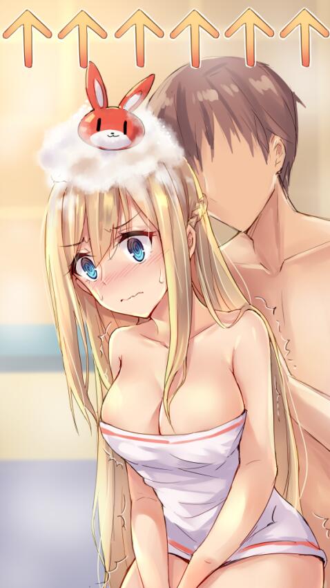 1boy 1girl bare_shoulders bathing bathroom blonde_hair blue_eyes blush braid breasts brown_hair character_request cleavage closed_mouth collarbone eyebrows_visible_through_hair long_hair looking_down medium_breasts nude open_eyes short_hair simple_background sitting towel towel_around_neck warship_girls_r yuemanhuaikong