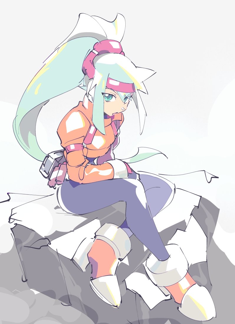 1girl ashe_(rockman) bodysuit crossed_legs full_body gloves green_eyes hair_between_eyes headband high_heels high_ponytail kon_(kin219) long_hair long_sleeves looking_at_viewer open_mouth ponytail rock rockman rockman_zx rockman_zx_advent shoes sitting solo spandex very_long_hair