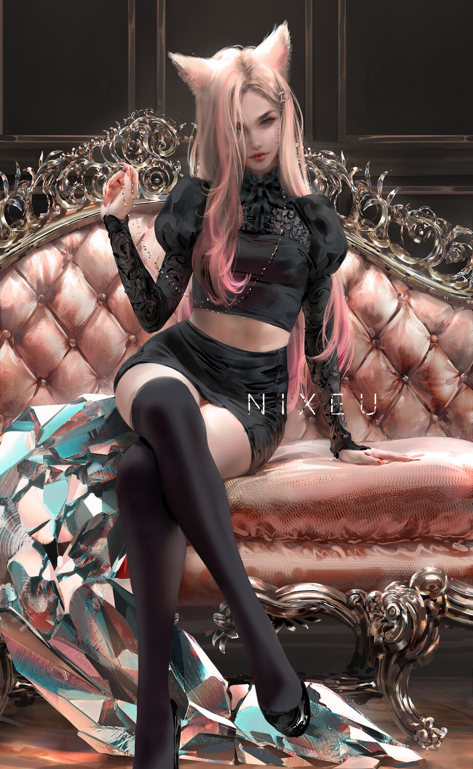 1girl ahri animal_ears arm_support blue_eyes couch crossed_legs fantasy fox_ears hair_over_one_eye highres league_of_legends lips long_hair looking_at_viewer midriff miniskirt nixeu original pink_hair puffy_sleeves skirt solo thighhighs whisker_markings zettai_ryouiki