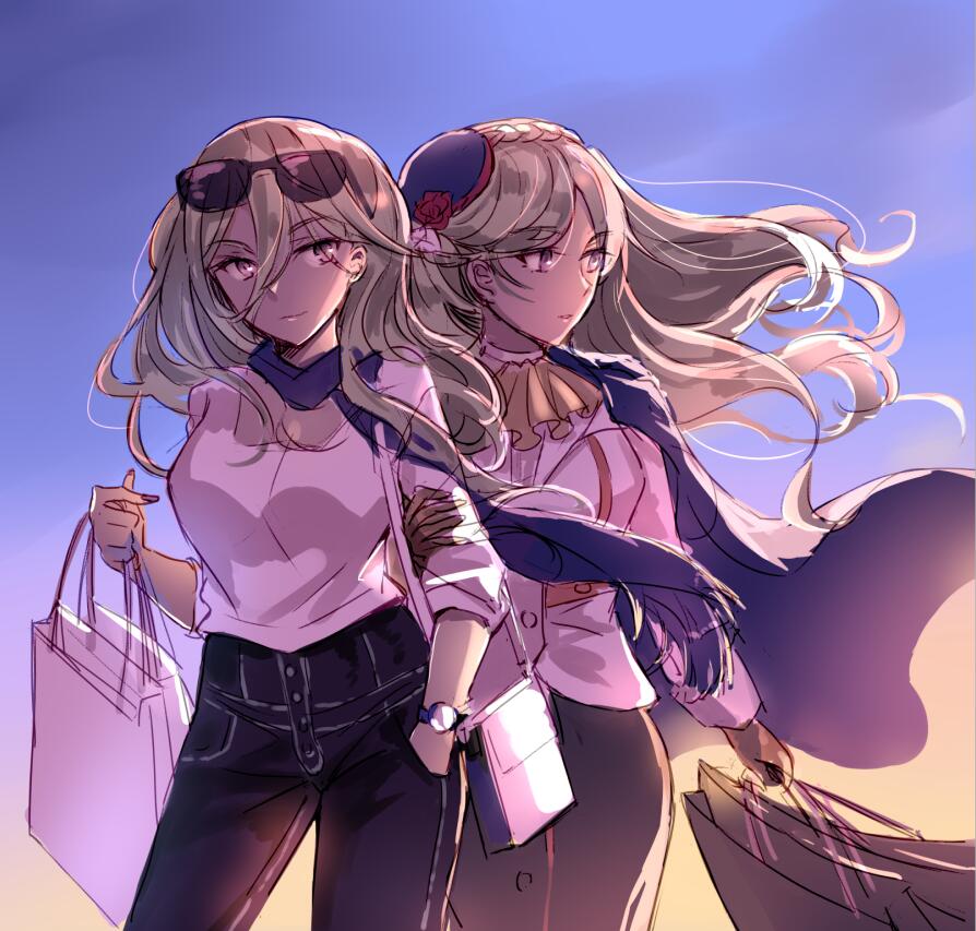 2girls bag blonde_hair blue_scarf braid breasts character_request closed_mouth denim eyebrows_visible_through_hair eyewear_on_head hair_ornament hand_in_pocket hat holding holding_arm holding_bag jeans long_hair looking_away multiple_girls open_eyes pants purple_eyes richelieu_(kantai_collection) scarf shirt shopping_bag skirt warship_girls_r watch white_shirt yuemanhuaikong