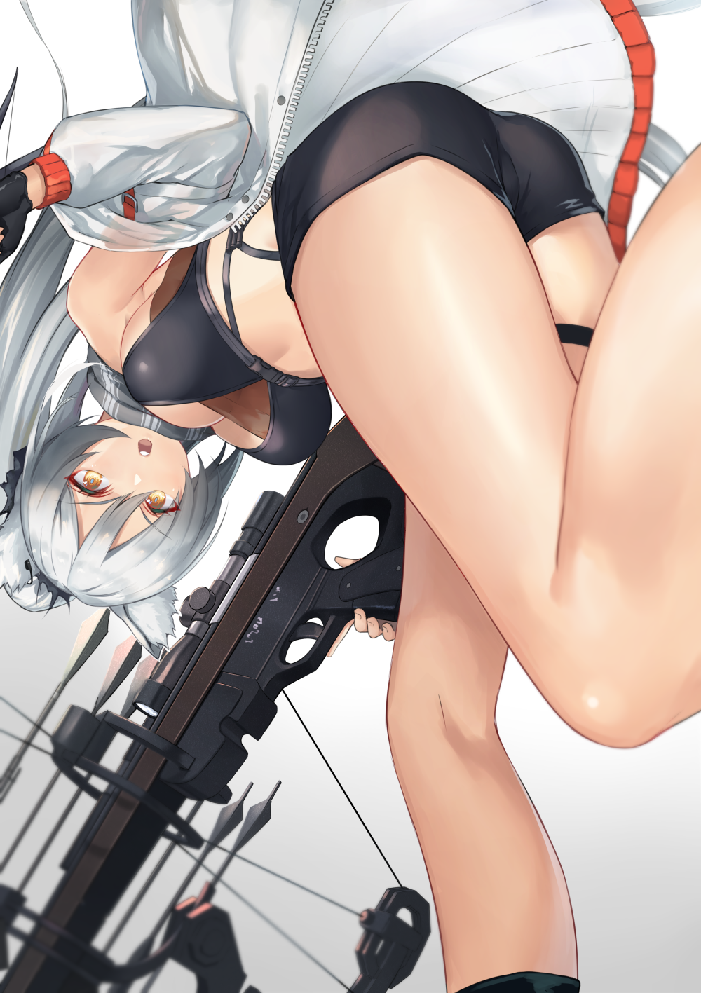 1girl animal_ears arknights arrow_(projectile) ass bare_shoulders black_gloves black_shirt black_shorts bow_(weapon) breasts cat_ears coat compound_bow crop_top from_behind gloves grey_hair highres holding large_breasts leg_up long_hair long_sleeves looking_at_viewer midriff off_shoulder open_clothes open_coat open_mouth ponytail schwarz_(arknights) scope shimozuki_shio shirt short_shorts shorts single_glove sleeveless sleeveless_shirt solo thigh_strap thighs v-shaped_eyebrows weapon white_coat yellow_eyes