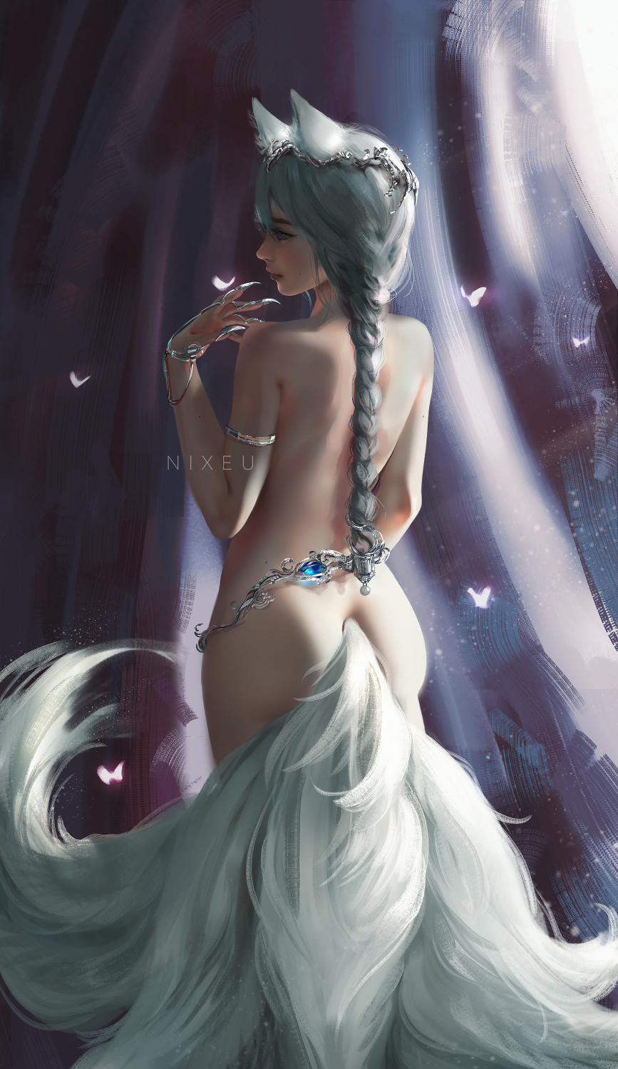 1girl ahri armband ass blue_eyes bracelet braid bug butterfly circlet claws fantasy from_behind fur highres insect jewelry league_of_legends lips long_braid long_hair looking_to_the_side multiple_tails nixeu nude profile shoulder_blades silver_hair single_braid tail
