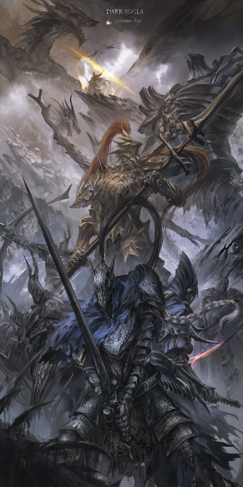 1girl 4boys 5others aiming armor artorias_the_abysswalker back-to-back battle blonde_hair blue_capelet bow_(weapon) braid breastplate capelet copyright_name crown dark_souls dragon dragon_slayer_ornstein dual_wielding electricity english_commentary english_text epic facing_away facing_viewer faulds fighting_stance flying full_armor gauntlets glowing glowing_weapon gold_armor gwyn_lord_of_cinder hawkeye_gough helmet highres holding holding_bow_(weapon) holding_spear holding_weapon hood horned_helmet knight looking_up lord's_blade_ciaran magic multiple_boys multiple_others open_mouth pauldrons plume polearm reverse_grip short_sword shoulder_armor silver_knight_(dark_souls) single_braid souls_(from_software) spear standing stu_dts sword teeth weapon