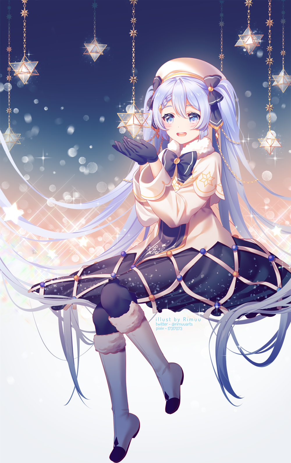 1girl :d bangs beret black_bow black_gloves black_legwear black_neckwear black_skirt blue_eyes blue_hair blurry blush bokeh boots bow bowtie capelet depth_of_field fur-trimmed_boots fur_trim gloves gradient gradient_background hair_bow hat hatsune_miku highres invisible_chair knee_boots long_hair long_sleeves looking_at_viewer medium_skirt multicolored multicolored_background open_mouth pantyhose rimuu sidelocks sitting skirt smile solo sparkle symbol_commentary twintails very_long_hair vocaloid white_capelet white_footwear white_headwear yuki_miku yuki_miku_(2021)