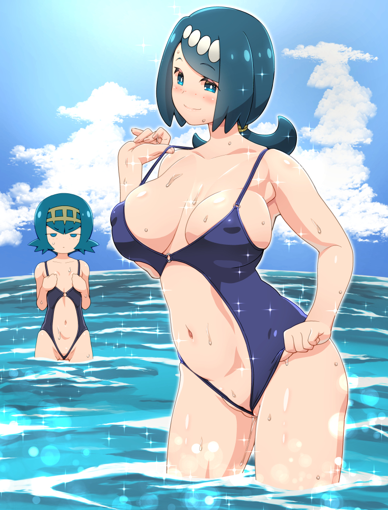 2girls arched_back blue_hair blush breast_envy breasts closed_mouth cloud collarbone commentary_request covered_nipples day eyebrows_visible_through_hair fingernails freckles gold_hairband hair_tie hairband hand_on_hip hand_up kousaka_jun lana's_mother_(pokemon) lana_(pokemon) large_breasts long_hair mature mother_and_daughter multiple_girls navel no_sclera outdoors pokemon pokemon_(anime) pokemon_sm_(anime) pussy_peek short_hair sky smile sparkle standing sweatdrop swimsuit tied_hair wading water wet