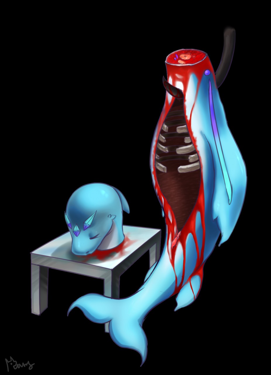 black_background blood blue_body bodily_fluids cetacean death decapitation delphinoid disembowelment dorsal_fin eyes_closed female feral fin furniture gem gore hanging_(disambiguation) hi_res hook mammal marine ribcage ribs simple_background solo sorang stab table toothed_whale wounded