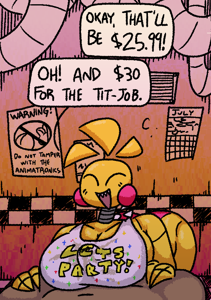 2020 animatronic anthro avian bent_over bib big_breasts bird blush blush_stickers breasts butt chicken cleavage clothed clothing cock_bulge detailed_background dialogue dialogue_box digital_media_(artwork) duo english_text erection eyes_closed faceless_character faceless_male female five_nights_at_freddy's five_nights_at_freddy's_2 galliform gallus_(genus) genitals human human_on_anthro interspecies machine male male/female mammal no_symbol open_mouth panties penis phasianid prostitution qoolguyart robot sex smile tagme text three-quarter_view titfuck titfuck_under_clothes toy_chica_(fnaf) underwear video_games yellow_body