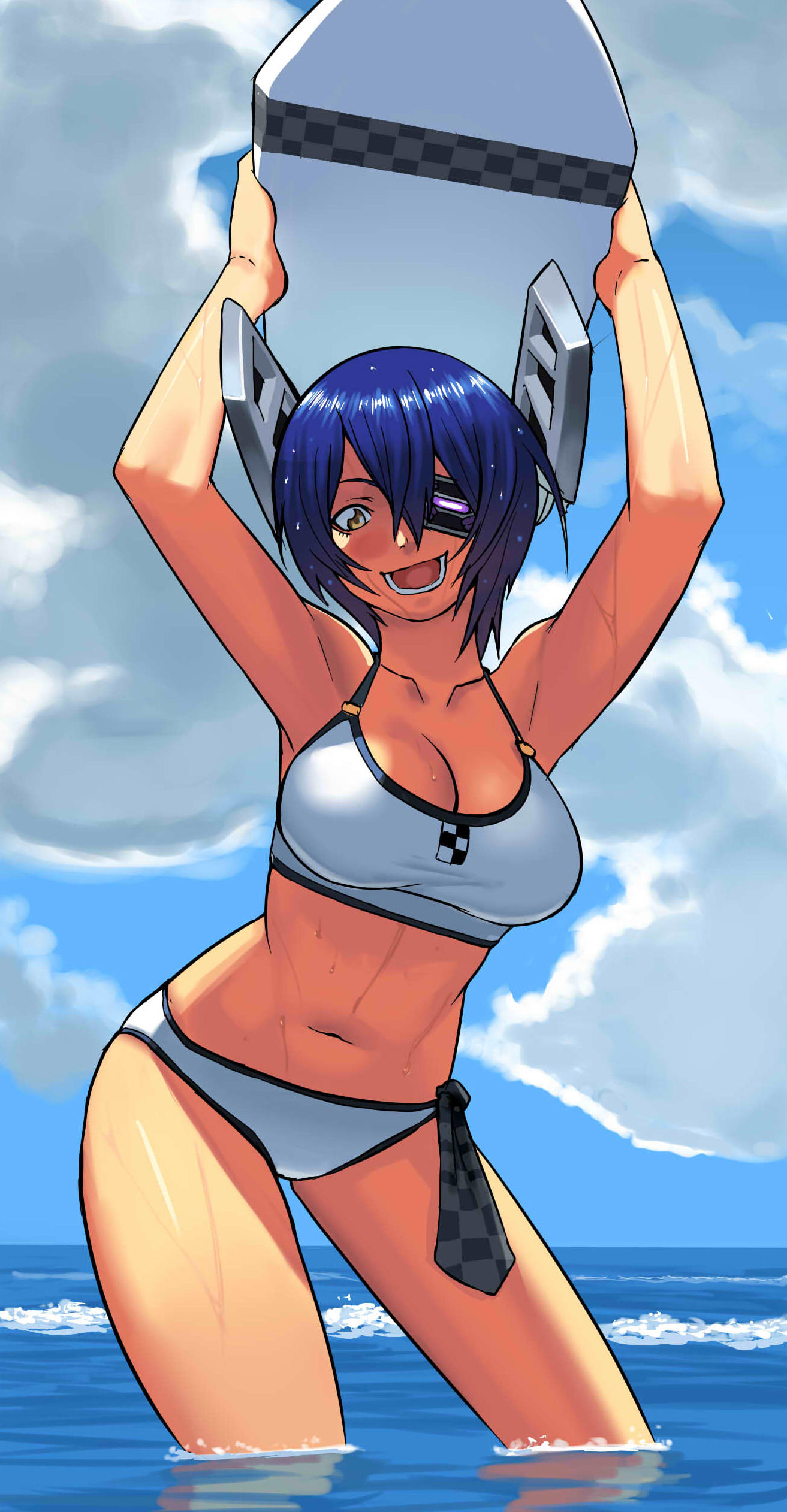 1girl absurdres arms_up breasts cessa checkered cleavage cloud cloudy_sky commentary day english_commentary eyepatch headgear highres kantai_collection kickboard lower_teeth medium_breasts navel ocean one-eyed open_mouth partially_submerged purple_hair short_hair sky solo standing summer swimsuit tankini tenryuu_(kantai_collection) wading wet white_swimsuit yellow_eyes