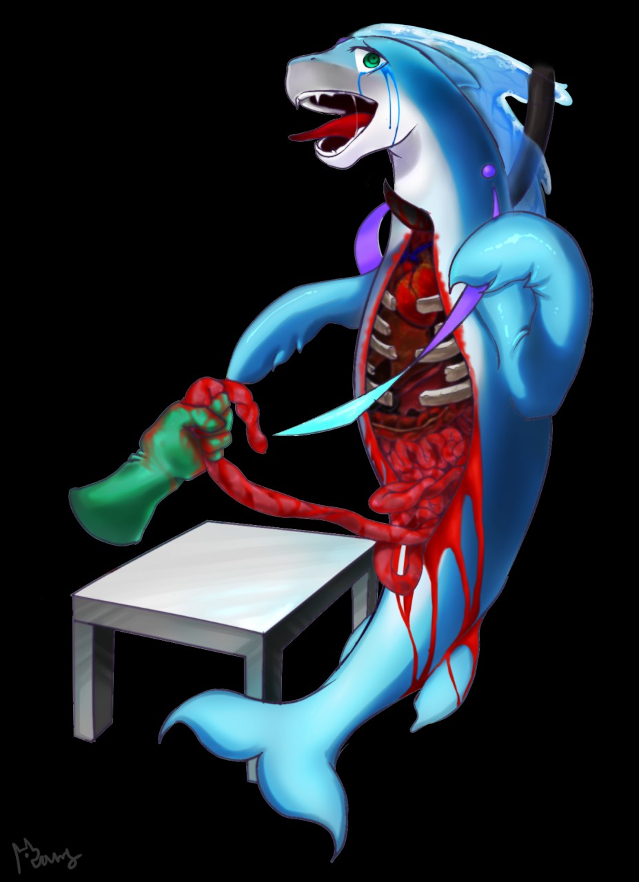 &lt;3 black_background blood blue_body bodily_fluids cetacean clothing death delphinoid disembodied_hand disembowelment dorsal_fin female feral fin furniture gem gloves gore green_eyes green_gloves guts handwear hanging_(disambiguation) hi_res holding_intestines hook intestines looking_at_viewer mammal marine open_mouth ribcage ribs simple_background solo sorang stab stomach table tears tongue tongue_out toothed_whale wounded