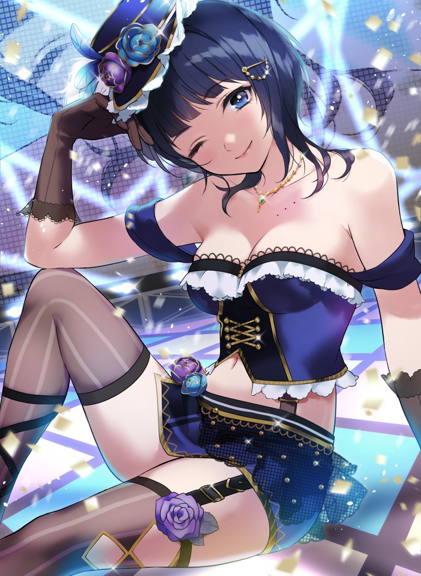 1girl asaka_karin bangs bare_shoulders blue_eyes blue_feathers blue_flower blue_hair blue_rose blue_skirt blush breasts cleavage commentary corset cross-laced_clothes elbow_gloves english_commentary feet_out_of_frame flower frilled_shirt frills garter_straps gloves hair_ornament hairclip hand_in_hair hat hat_feather hat_flower jewelry kate_iwana lace love_live! love_live!_nijigasaki_high_school_idol_club medium_breasts miniskirt mole mole_on_breast navel_cutout necklace one_eye_closed purple_flower purple_rose rose shirt short_hair sidelocks sitting skirt smile solo starlight_(love_live!) striped striped_gloves striped_legwear suspenders thighhighs vertical-striped_gloves vertical-striped_legwear vertical_stripes