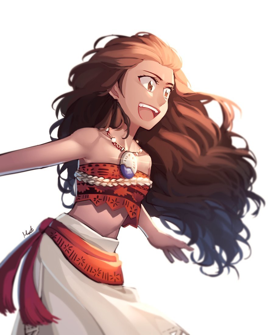 1girl :d bandeau bare_shoulders blurry brown_eyes brown_hair clothes_around_waist commentary cowboy_shot dark_skin depth_of_field disney english_commentary floating_hair hair_slicked_back jewelry lips long_hair looking_to_the_side maro_(lij512) midriff moana_(movie) moana_waialiki necklace open_mouth sarong signature simple_background smile solo sparkle standing strapless upper_body upper_teeth white_background