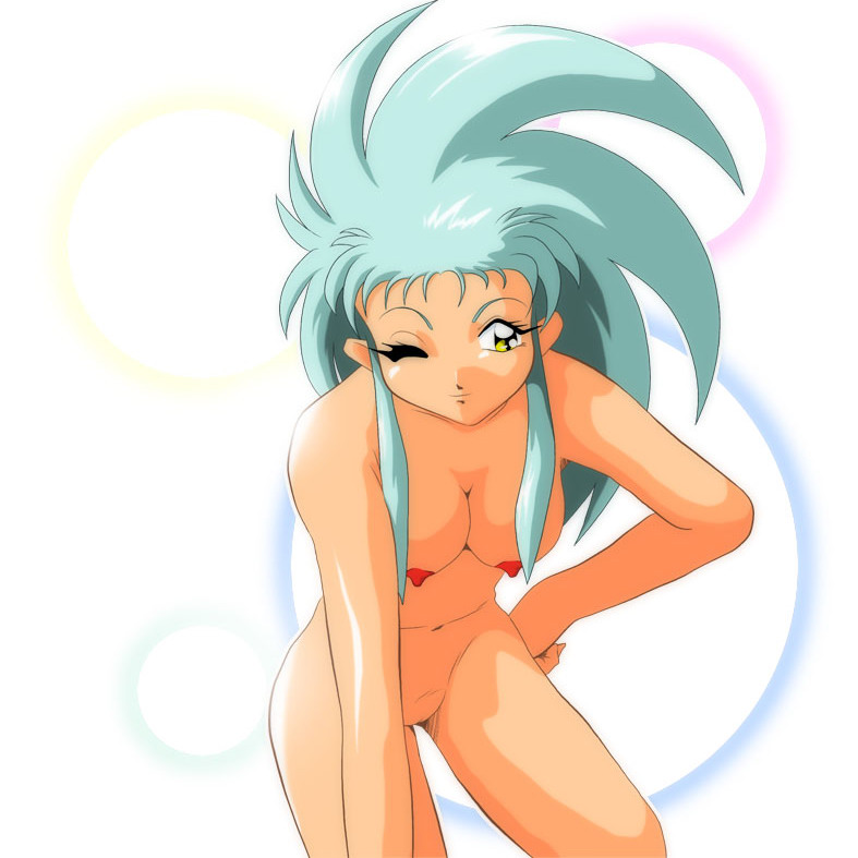 1girl big_hair blue_hair breasts female hand_on_hip hanging_breasts leaning_forward long_hair navel nipples nude pussy ryoko_hakubi ryouko_(tenchi_muyou!) simple_background smile solo spiked_hair tenchi_muyo tenchi_muyou! wink yellow_eyes