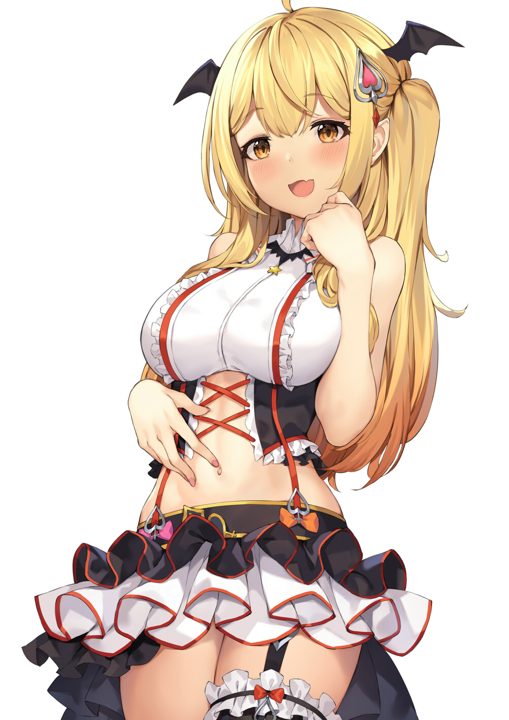 1girl :d ahoge bare_arms bare_shoulders black_skirt blonde_hair breasts cowboy_shot crop_top fang frilled_shirt frills hair_ornament hand_on_own_stomach hand_up head_wings highres hololive large_breasts leg_garter long_hair looking_at_viewer midriff miniskirt navel open_mouth orange_eyes pak_ce pointy_ears shirt sidelocks simple_background skirt sleeveless sleeveless_shirt smile solo stomach two-tone_skirt virtual_youtuber white_background white_shirt yozora_mel