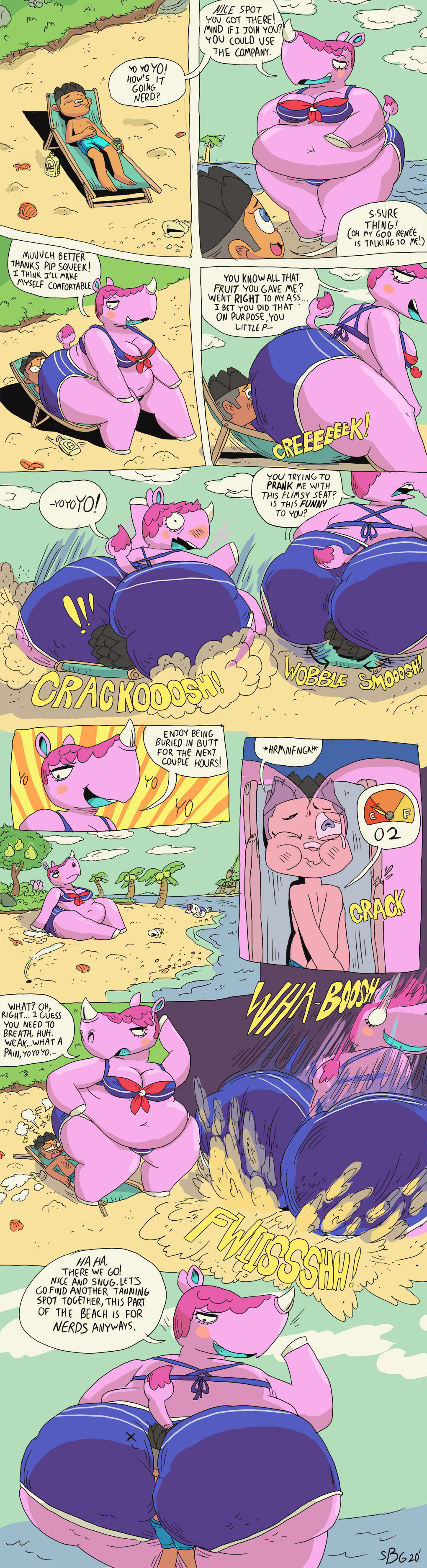 absurd_res animal_crossing anthro asphyxiation beach big_butt big_dom_small_sub breasts butt butt_smother cellulite cleavage clothed clothing comic detailed_background dialogue facesitting female hair hi_res horn huge_butt human larger_anthro larger_female male mammal nintendo obese obese_female on_top on_top_of open_mouth outside overweight overweight_female pink_body pink_hair ren&eacute;e_(animal_crossing) rhinocerotoid seaside short_tail size_difference smaller_human smaller_male smothering sound_effects speech_bubble swimwear topless video_games