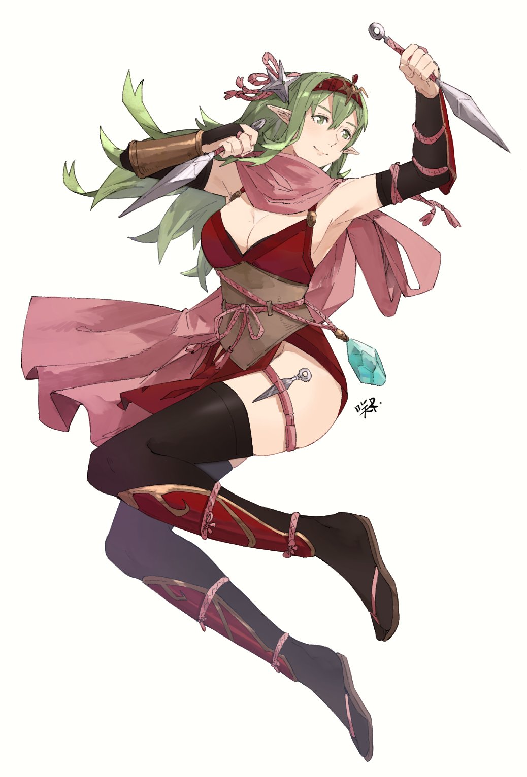 1girl alternate_costume arm_guards armpits arms_up bare_shoulders black_legwear breasts cleavage commentary dress fire_emblem fire_emblem_awakening fire_emblem_heroes full_body green_eyes green_hair hair_ornament headgear highres holding holding_weapon japanese_clothes kunai legs manakete ninja pelvic_curtain pointy_ears red_dress sakuremi sandals scarf shin_guards skindentation sleeveless tabi thigh_strap thighhighs thighs tiki_(fire_emblem) weapon white_background