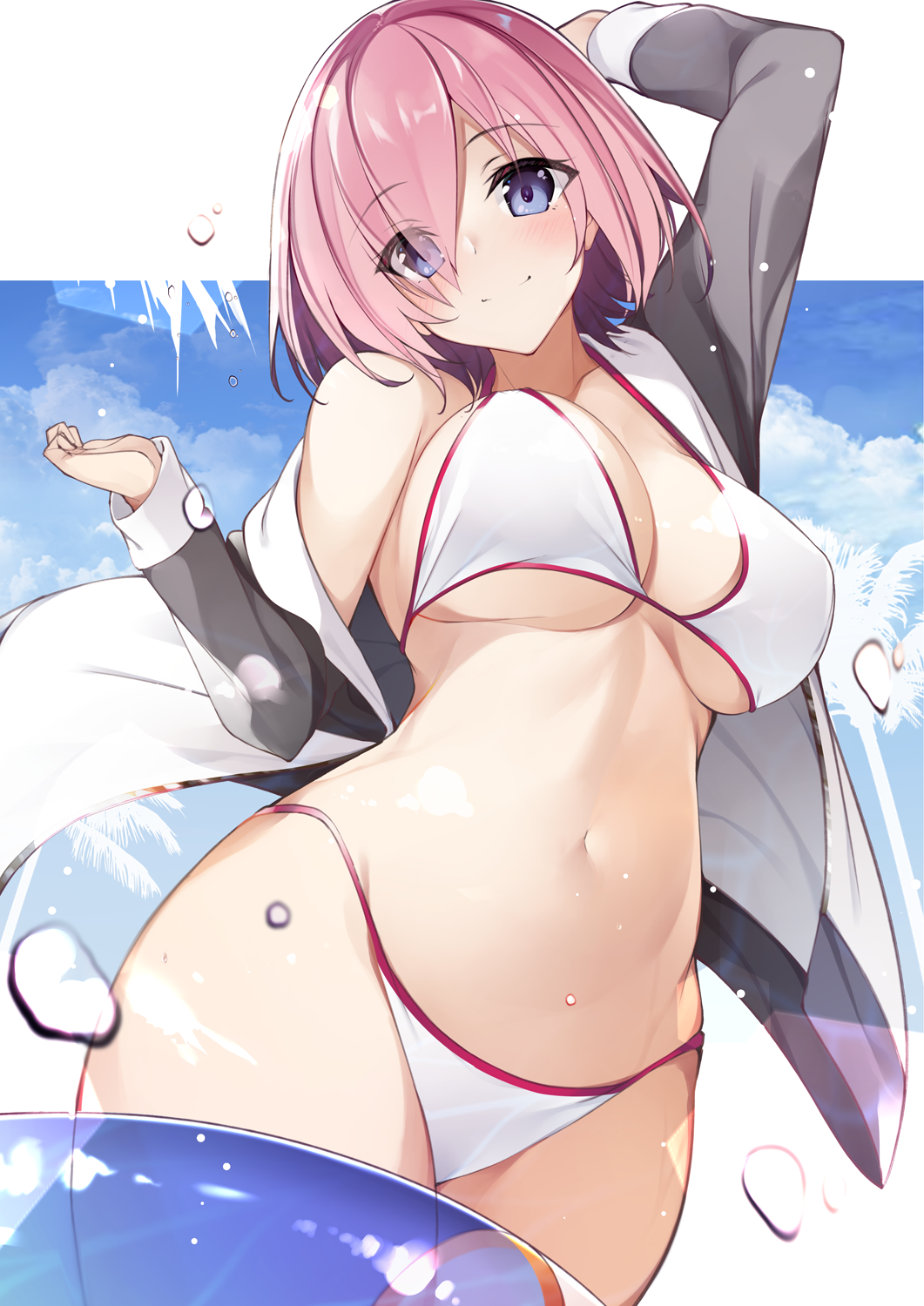 1girl bangs bare_shoulders bikini blue_sky blush breasts cleavage closed_mouth commentary_request fate/grand_order fate_(series) grey_jacket hair_over_one_eye highres jacket large_breasts lavender_hair long_sleeves looking_at_viewer mash_kyrielight navel netarou open_clothes open_jacket purple_eyes short_hair sky smile solo swimsuit swimsuit_of_perpetual_summer thighs white_bikini