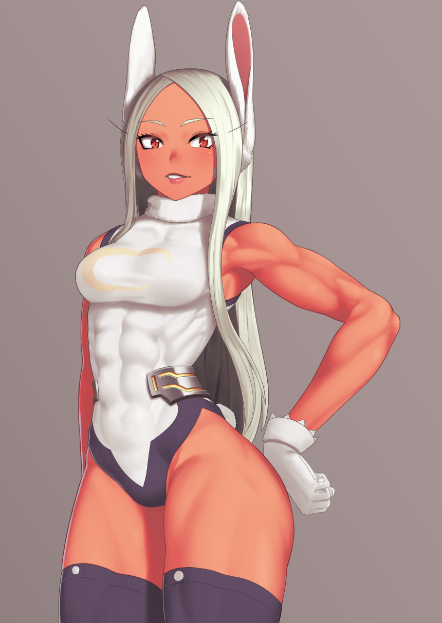 1girl animal_ears ass bare_arms blush boku_no_hero_academia breasts bunny_ears commentary_request dark_skin eyebrows_visible_through_hair eyelashes gloves grey_background hand_on_hip highres long_hair looking_at_viewer mirko muscle muscular_female parted_lips putchers rabbit_girl red_eyes simple_background solo tail teeth thighhighs white_gloves white_hair
