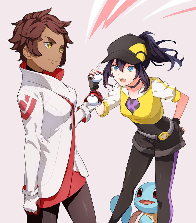 2girls baseball_cap black_gloves black_hair black_legwear black_shorts blue_eyes brown_hair candela_(pokemon) closed_mouth coat commentary_request dark_skin female_protagonist_(pokemon_go) fingerless_gloves gen_1_pokemon gloves hand_up hat holding holding_poke_ball kurochiroko long_hair multiple_girls open_mouth pantyhose poke_ball poke_ball_(basic) pokemon pokemon_(creature) pokemon_(game) pokemon_go short_hair shorts smile squirtle teeth tongue two-tone_headwear yellow_eyes