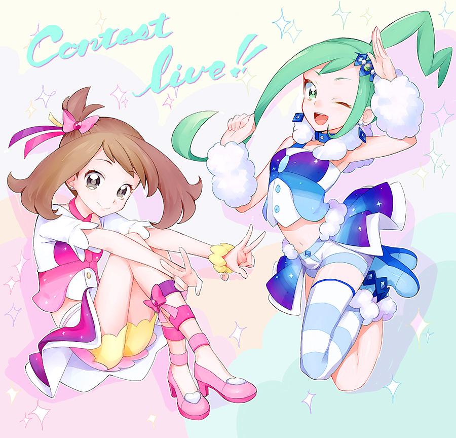 2girls :d bangs blue_footwear boots bow brown_hair buttons commentary_request double_w eyebrows_visible_through_hair eyelashes green_eyes green_hair grey_eyes hair_ribbon hands_up high_heels kurochiroko lisia_(pokemon) may_(pokemon) multiple_girls navel one_eye_closed open_mouth pink_bow pink_footwear pokemon pokemon_(game) pokemon_oras purple_skirt ribbon short_shorts short_sleeves shorts single_thighhigh skirt smile striped striped_legwear teeth thighhighs tongue w