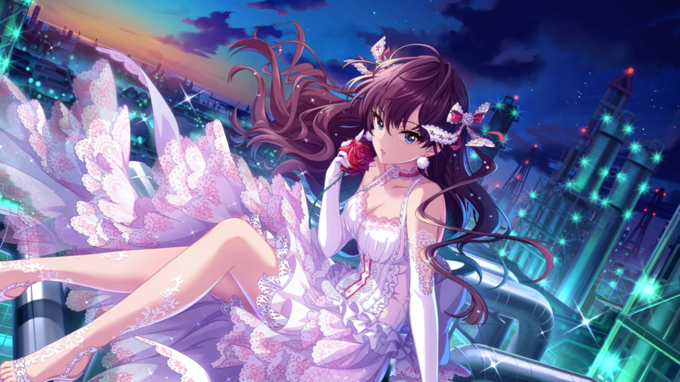 1girl bow brown_hair choker cloud commentary_request dress dusk dutch_angle earrings elbow_gloves eyebrows_visible_through_hair flower gloves hair_bow ichinose_shiki idolmaster idolmaster_cinderella_girls jewelry lace lace-trimmed_dress lace-trimmed_legwear lights long_hair looking_at_viewer night night_sky nigou oil_refinery piping rose sitting sky solo star_(sky) white_dress
