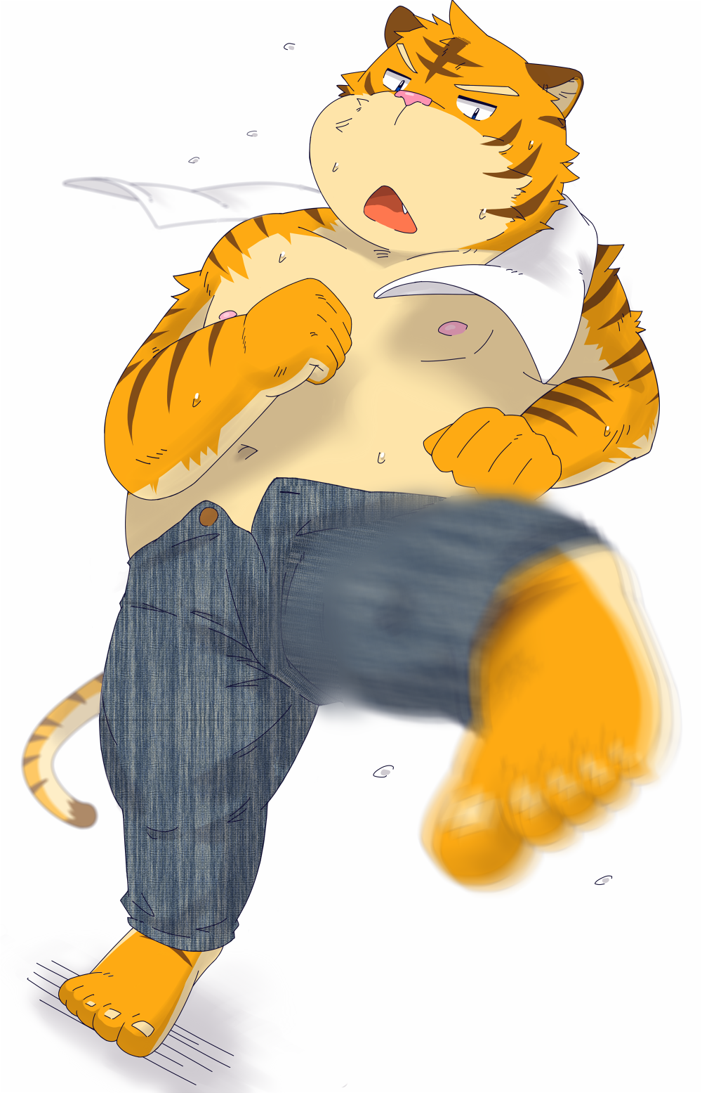 2013 anthro belly bottomwear clothing diru11 felid hi_res kemono male mammal moobs nipples overweight overweight_anthro overweight_male pantherine pants simple_background solo tiger towel white_background
