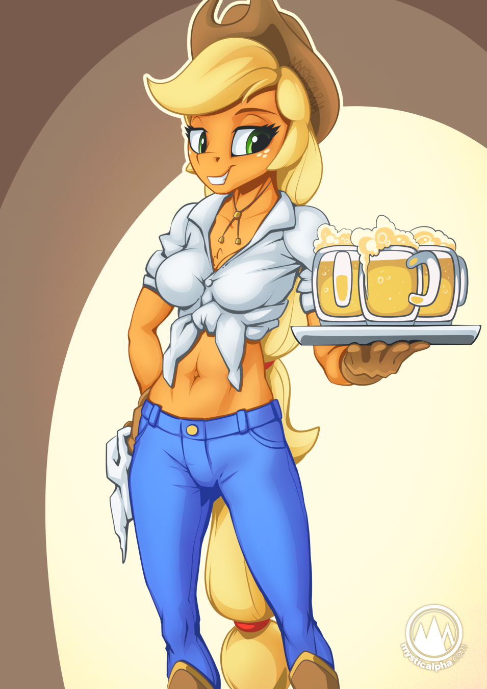 2020 anthro applejack_(mlp) boots bottomwear breasts cider clothing cowboy_boots cowboy_hat earth_pony equid equine female footwear freckles friendship_is_magic froth gloves handwear hat headgear headwear hi_res horse mammal my_little_pony mysticalpha pants pony small_breasts smile solo stetson tray