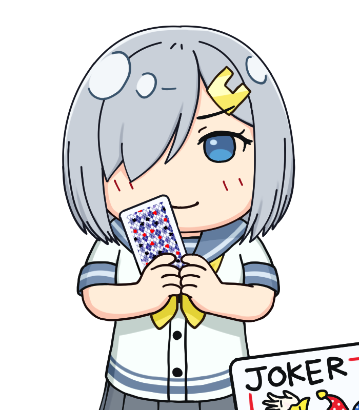 1girl 3toshinhmkz blue_eyes card chibi commentary_request cowboy_shot gloves grey_skirt hair_ornament hair_over_one_eye hairclip hamakaze_(kantai_collection) holding holding_card joker kantai_collection looking_at_viewer neckerchief old_maid playing_card pleated_skirt school_uniform serafuku short_hair short_sleeves silver_hair simple_background skirt solo white_background white_gloves yellow_neckwear