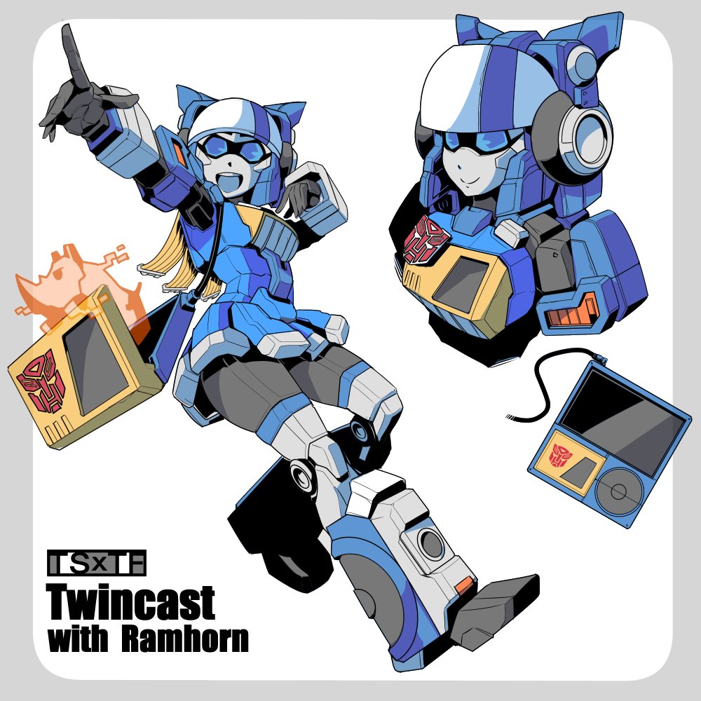 1girl :d autobot bag blue_eyes cd_player genderswap genderswap_(mtf) hologram humanoid_robot index_finger_raised kamizono_(spookyhouse) lion mecha_musume open_mouth ramhorn skirt smile speaker transformers twincast wire