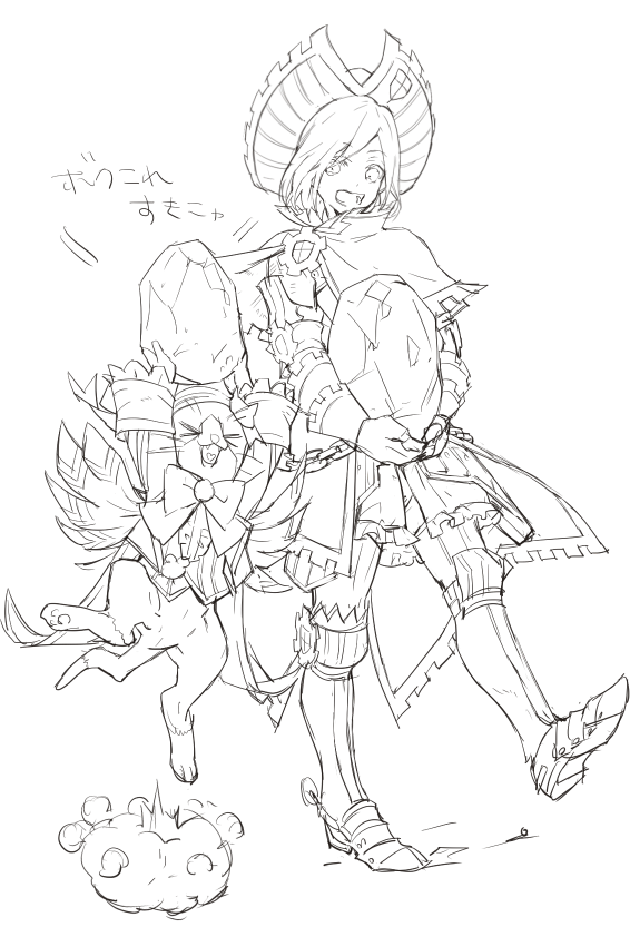 &gt;_&lt; 1girl :d androgynous armor capelet cat chainmail gauntlets gem greaves hat holding jumping lineart looking_at_another lunastra_(armor) melynx monochrome monster_hunter nishihara_isao open_mouth short_hair simple_background smile walking xd