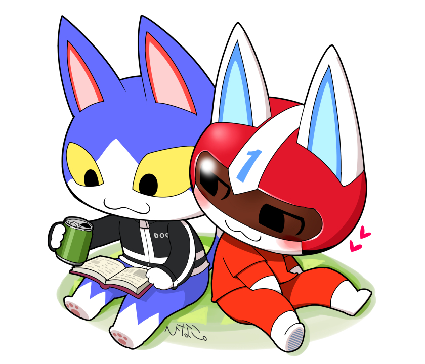 &lt;3 animal_crossing anthro armor blue_body blue_fur blush book chibi domestic_cat duo felid feline felis fur headgear helmet hinako kid_cat_(animal_crossing) male male/male mammal nintendo reading superhero tom_(animal_crossing) video_games visor white_body white_fur