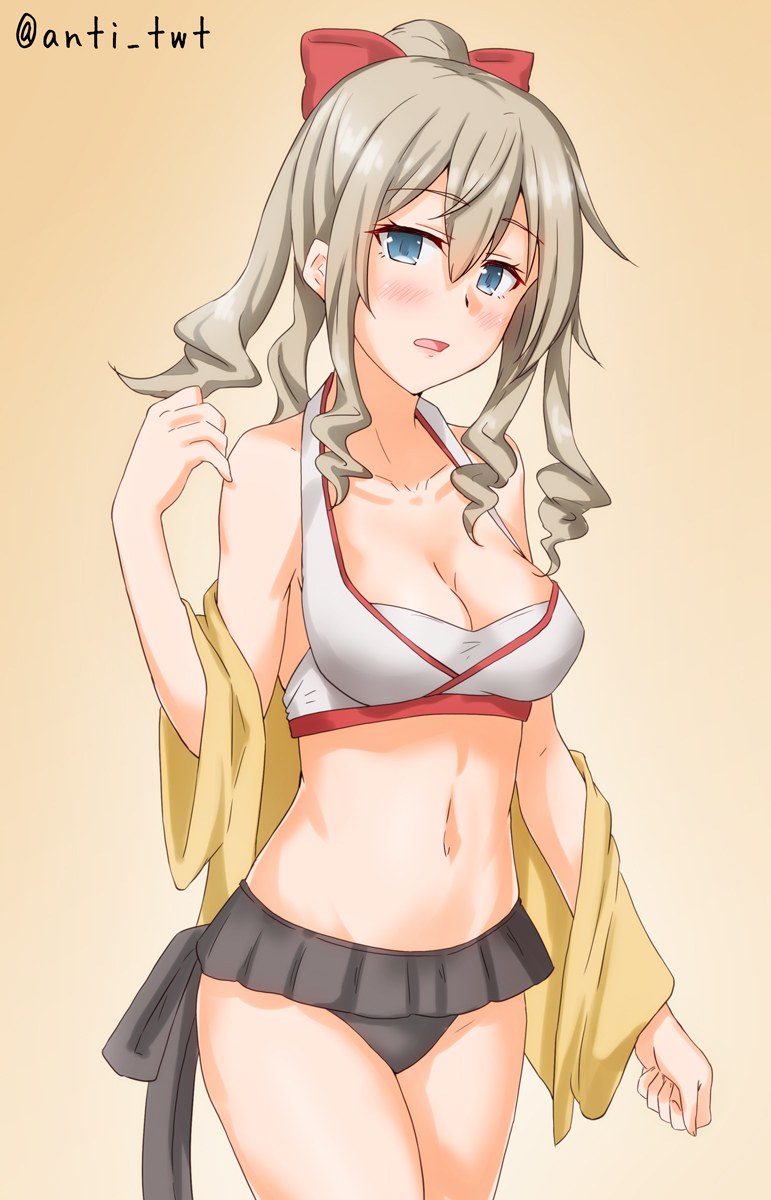 1girl adapted_costume anti_(untea9) bikini blue_eyes breasts brown_hair collarbone commentary_request cowboy_shot drill_hair gradient gradient_background hair_between_eyes hair_ornament hair_ribbon hatakaze_(kantai_collection) highres kantai_collection looking_at_viewer medium_breasts mismatched_bikini navel orange_background ponytail red_ribbon ribbon solo standing swimsuit yellow_robe