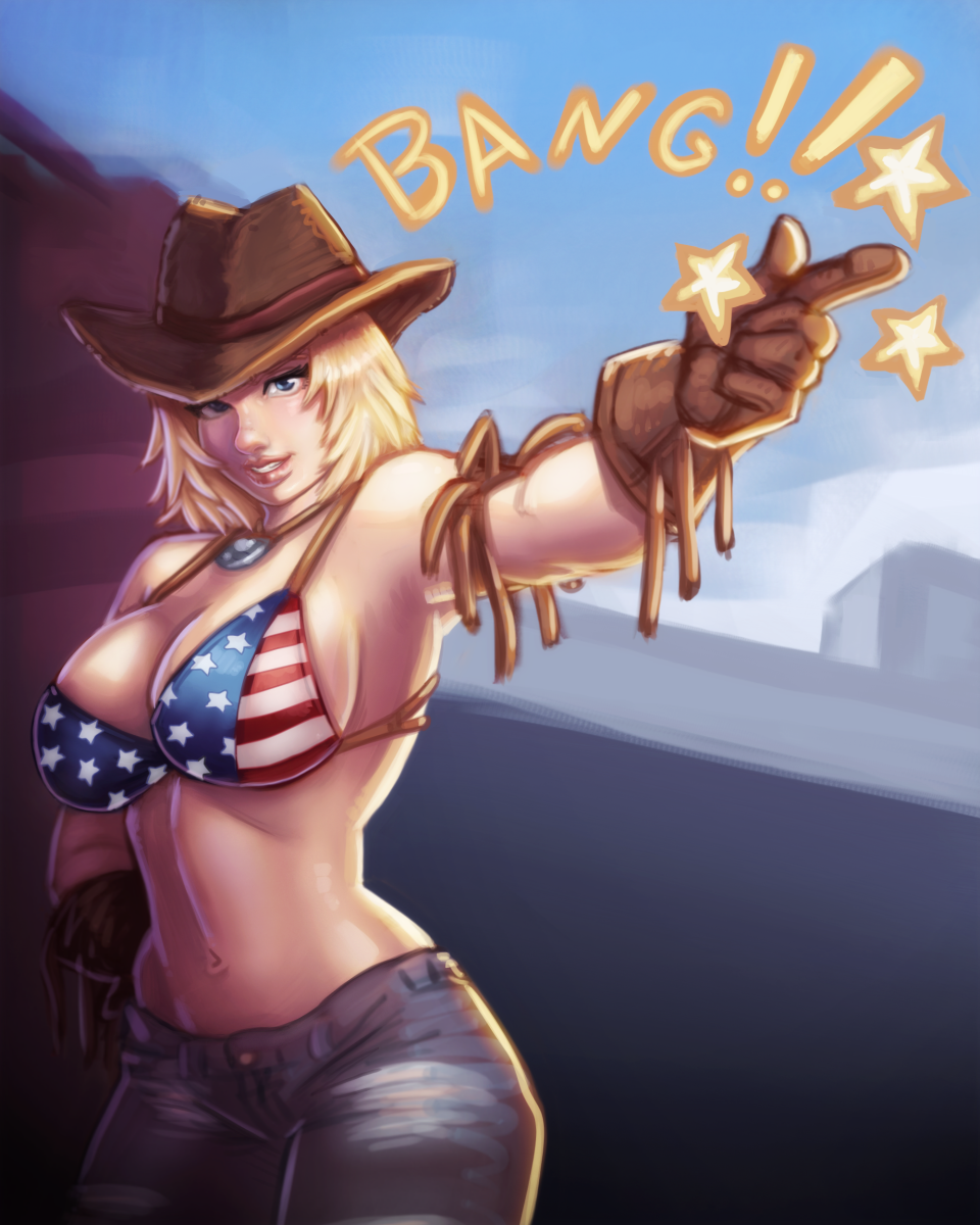 1girl american_flag_bikini bikini blonde_hair breasts brown_gloves cleavage commentary cowboy_hat dead_or_alive dead_or_alive_5 denim english_commentary english_text finger_gun flag_print gloves hand_on_hip hat highres jeans jewelry l0ngsword large_breasts lips navel nose pants pendant short_hair solo sound_effects swimsuit tina_armstrong toned