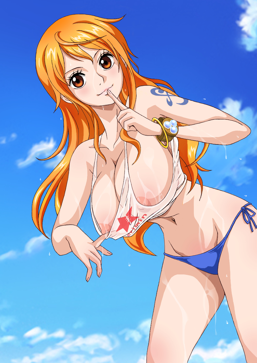 1girl areolae bangle bare_arms bare_shoulders bikini bikini_bottom blue_sky bracelet breasts brown_eyes closed_mouth collarbone crop_top day finger_to_mouth flashing groin hands_up highres index_finger_raised jewelry large_breasts leaning_forward log_pose long_hair looking_at_viewer nami_(one_piece) navel nipples no_bra one_piece orange_hair outdoors raida_(user_yypr5857) see-through shoulder_tattoo shushing side-tie_bikini side-tie_bottom sky smile solo standing stomach swimsuit tattoo water wet wet_clothes wet_face