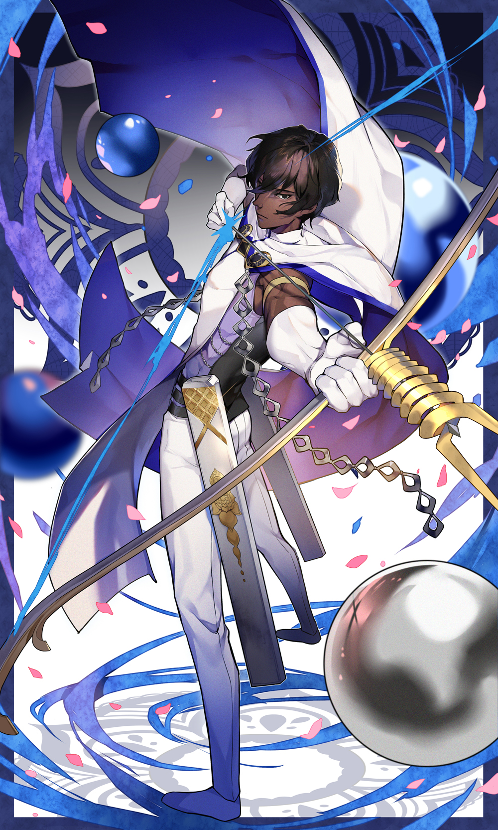 1boy agni_gandiva arjuna_(fate/grand_order) bow_(weapon) brown_eyes brown_hair cape dark_skin dark_skinned_male fate/grand_order fate_(series) fighting_stance full_body gloves greetload hair_between_eyes highres holding holding_bow_(weapon) holding_weapon indian_clothes long_sleeves looking_at_viewer male_focus pants short_hair solo weapon white_cape white_gloves white_pants