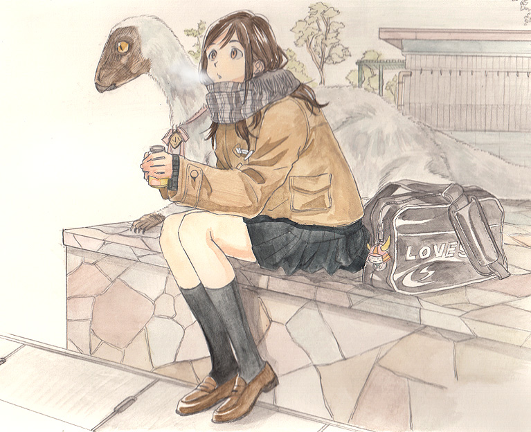 1girl animal ayanashi_kunio bag bag_charm bangs black_skirt breath brown_coat brown_eyes brown_hair building can charm_(object) coat cold day dinosaur enpera full_body grey_scarf holding holding_can kneehighs loafers long_sleeves looking_away looking_up miniskirt original pleated_skirt pocket ribbon scarf school_bag shoes sitting skirt soda_can traditional_media tree watercolor_(medium)