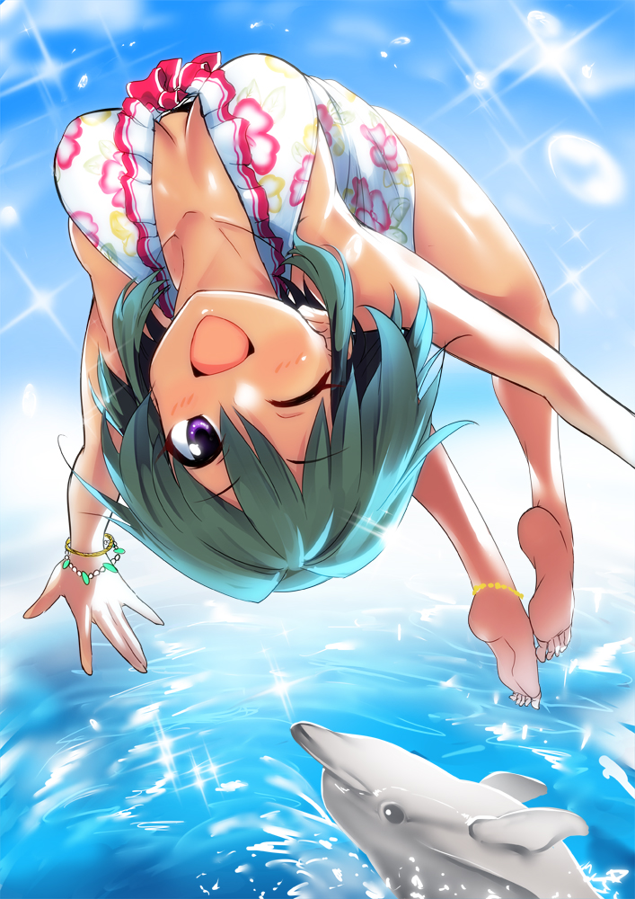 1girl ;d animal anklet armpits bare_arms bare_legs bare_shoulders barefoot bikini blue_sky blush bracelet breasts cleavage collarbone commentary_request dark_skin day dolphin floral_print frilled_bikini frills full_body green_hair idolmaster idolmaster_cinderella_girls jewelry k2isu looking_at_viewer medium_breasts midair natalia_(idolmaster) ocean one_eye_closed open_mouth outdoors outstretched_arms print_bikini purple_eyes sarong short_hair sidelocks sky smile solo sparkle splashing swimsuit water water_drop