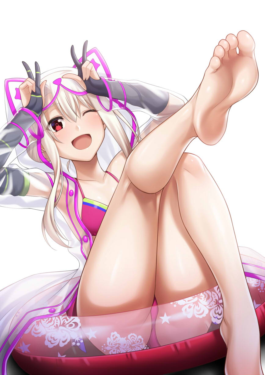 1girl animal_hood bangs barefoot bikini blush breasts double_v fate/grand_order fate_(series) feet foot_up gloves highres hood illyasviel_von_einzbern illyasviel_von_einzbern_(swimsuit_archer)_(fate) innertube long_hair looking_at_viewer one_eye_closed open_mouth partly_fingerless_gloves pink_bikini raincoat red_eyes see-through sitting small_breasts smile soles solo swimsuit tawagoto_dukai_no_deshi thighs toes twintails v white_hair