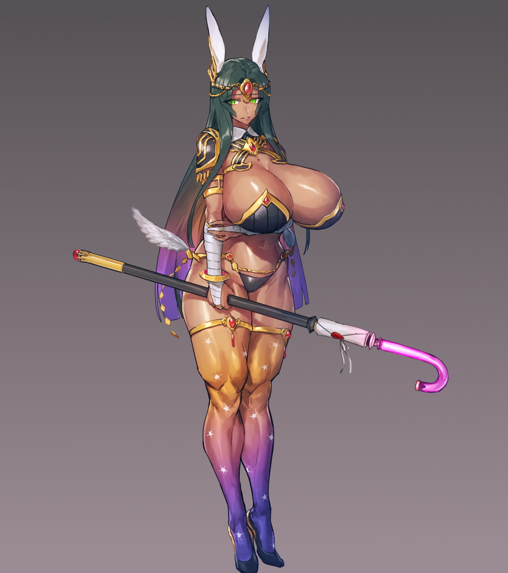 1girl adapted_costume animal_ears armor bandaged_arm bandages black_footwear black_hair black_panties breasts bunny_ears bunny_girl cane dark_skin fate/grand_order fate_(series) forehead_jewel green_eyes grey_background huge_breasts jewelry melon22 multicolored multicolored_clothes multicolored_hair multicolored_legwear orange_legwear panties pauldrons purple_hair purple_legwear scheherazade_(fate/grand_order) shoulder_armor solo thighlet underwear