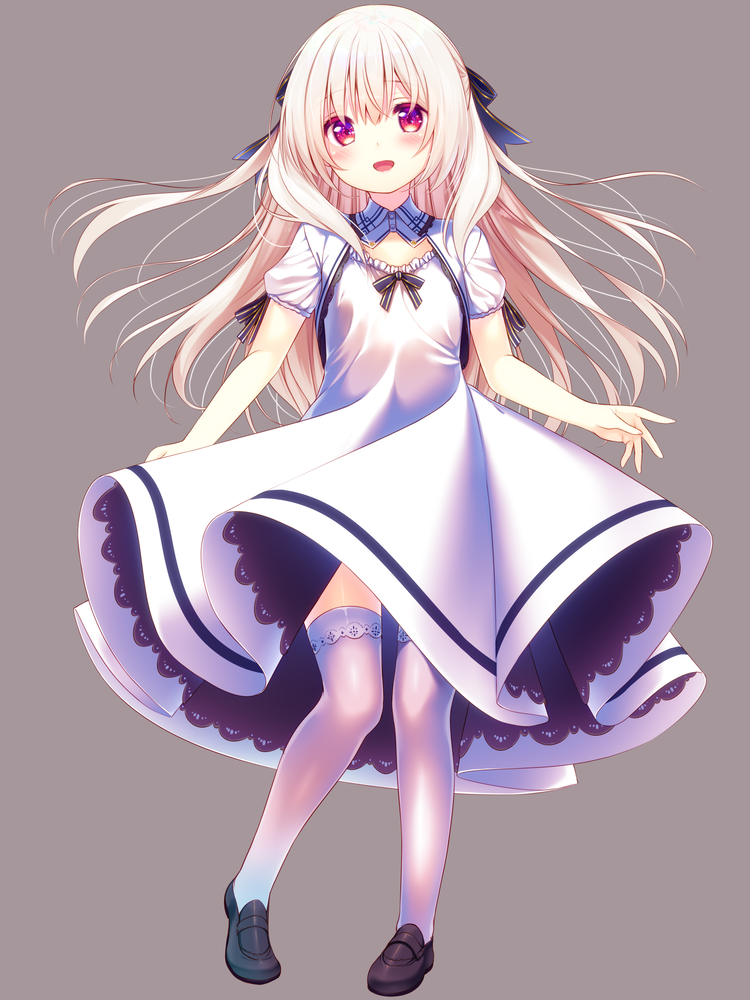 1girl black_footwear dress full_body grey_background long_hair open_mouth original red_eyes ribbon shoes short_sleeves simple_background smile solo thighhighs usume_shirou white_dress white_hair white_legwear